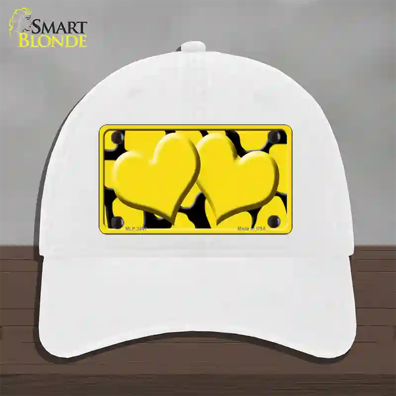 Yellow Black Giraffe Yellow Centered Hearts Novelty License Plate Hat Unconstructed Cotton / White