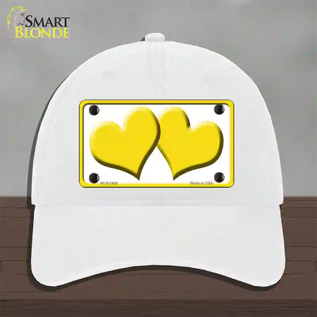 Solid Yellow Centered Hearts White Novelty License Plate Hat Unconstructed Cotton / White