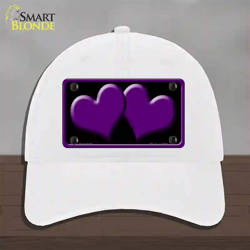 Solid Purple Centered Hearts Black Novelty License Plate Hat Unconstructed Cotton / White