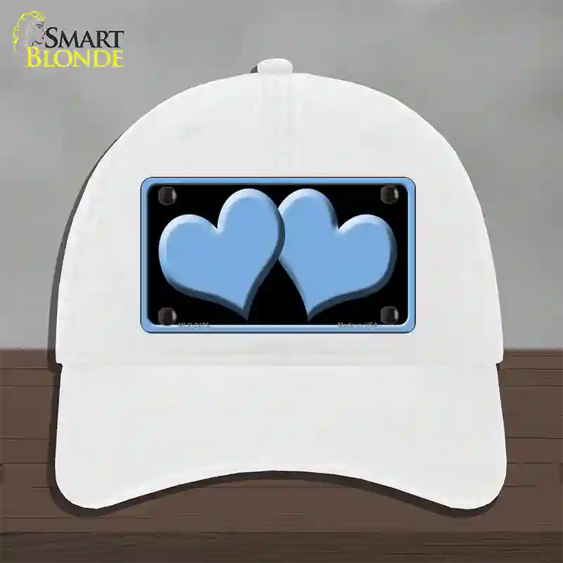 Solid Light Blue Centered Hearts Black Novelty License Plate Hat Unconstructed Cotton / White