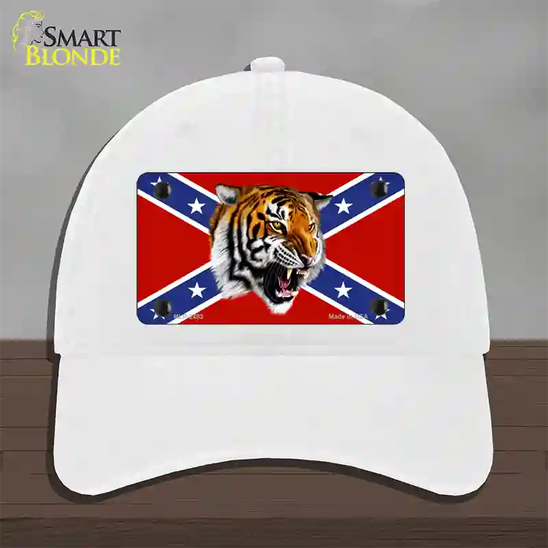 Confederate Flag Tiger Novelty License Plate Hat Unconstructed Cotton / White