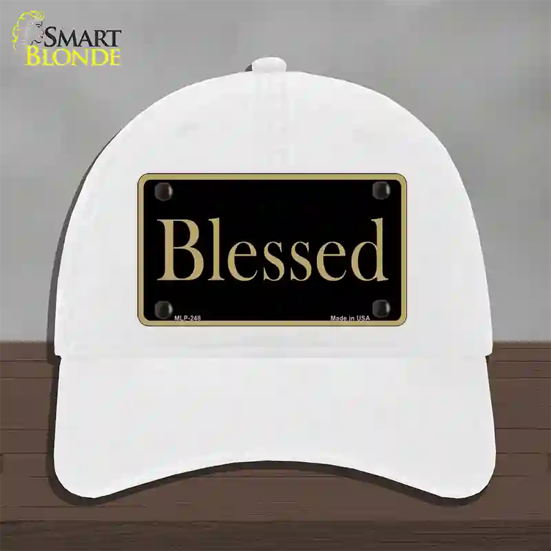 Blessed Gold Novelty License Plate Hat Unconstructed Cotton / White