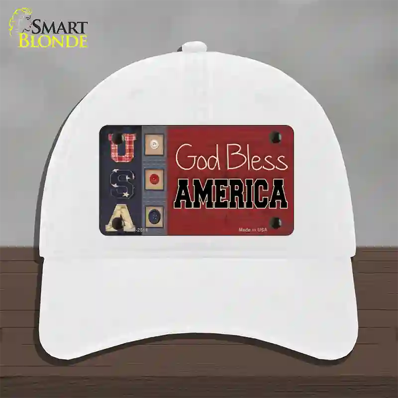 God Bless America Quilt Novelty License Plate Hat Unconstructed Cotton / White