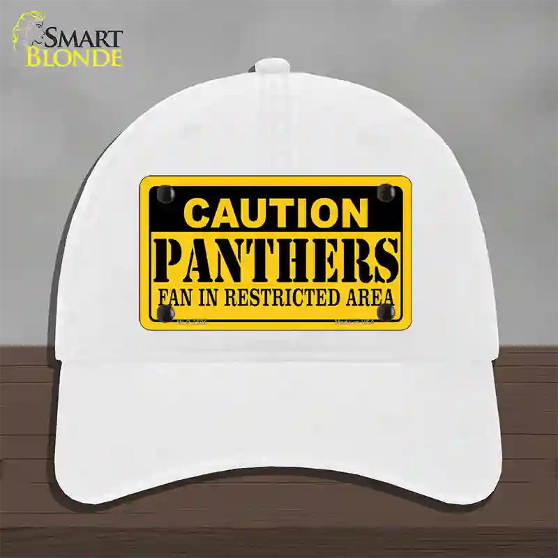 Caution Panthers Novelty License Plate Hat Unconstructed Cotton / White