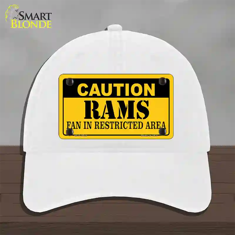 Caution Rams Novelty License Plate Hat Unconstructed Cotton / White