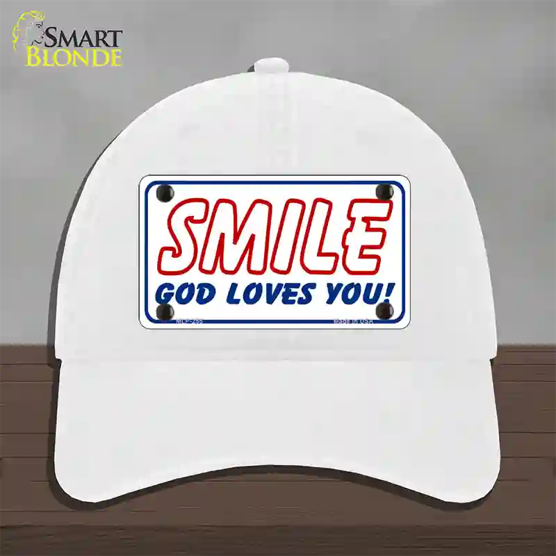 Smile God Loves You Novelty License Plate Hat Unconstructed Cotton / White