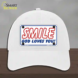 Smile God Loves You Novelty License Plate Hat Unconstructed Cotton / White