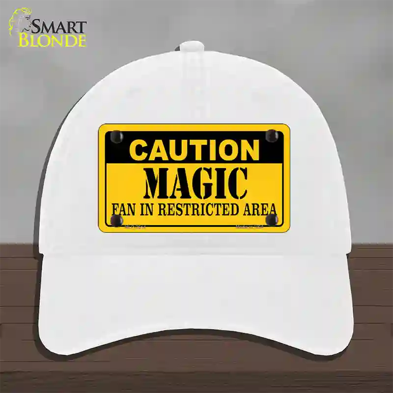 Caution Magic Fan Novelty License Plate Hat Unconstructed Cotton / White