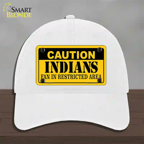 Caution Indians Fan Novelty License Plate Hat Unconstructed Cotton / White