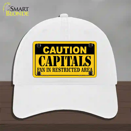 Caution Capitals Novelty License Plate Hat Unconstructed Cotton / White