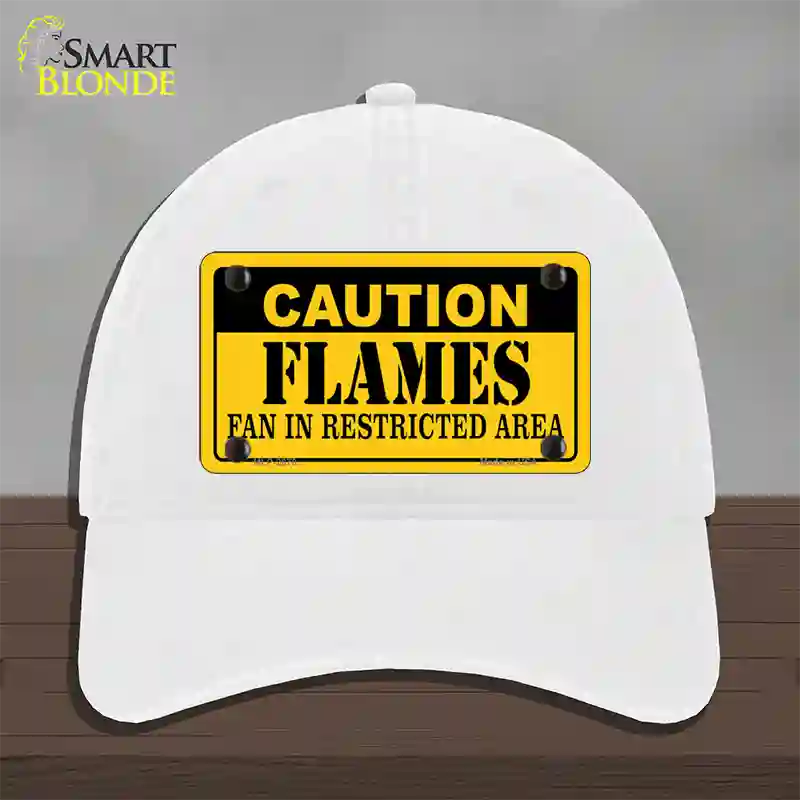 Caution Flames Novelty License Plate Hat Unconstructed Cotton / White