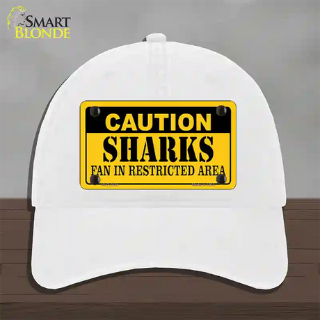 Caution Sharks Novelty License Plate Hat Unconstructed Cotton / White