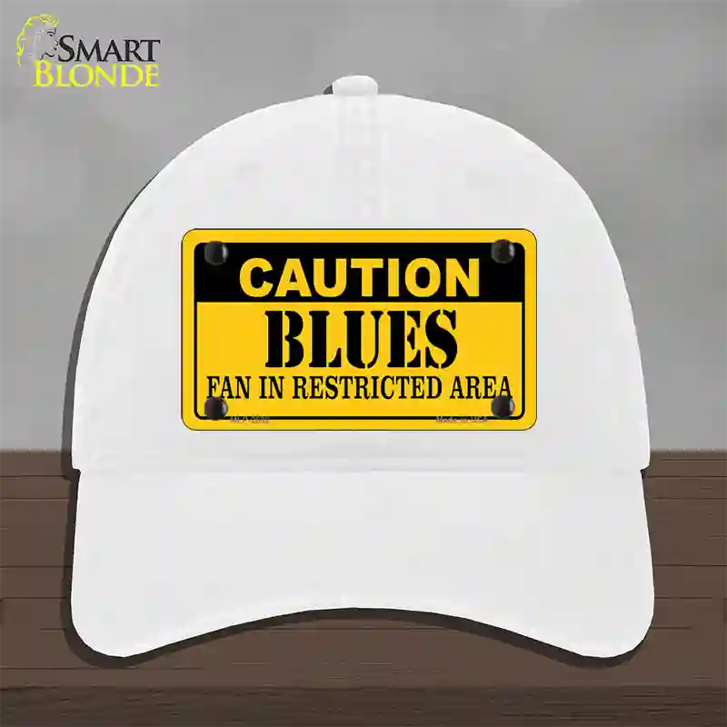 Caution Blues Novelty License Plate Hat Unconstructed Cotton / White