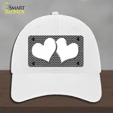 Black White Chevron White Center Hearts Novelty License Plate Hat Unconstructed Cotton / White