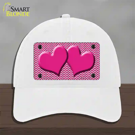 Pink White Chevron Pink Center Hearts Novelty License Plate Hat Unconstructed Cotton / White