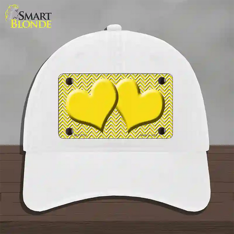 Yellow White Chevron Yellow Center Hearts Novelty License Plate Hat Unconstructed Cotton / White