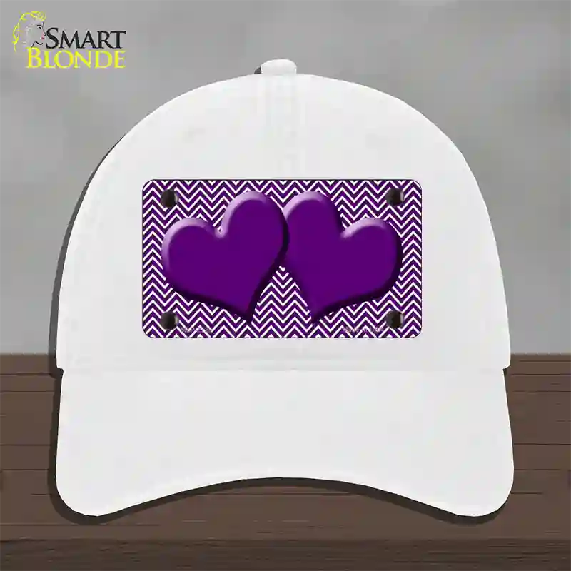 Purple White Chevron Purple Center Hearts Novelty License Plate Hat Unconstructed Cotton / White