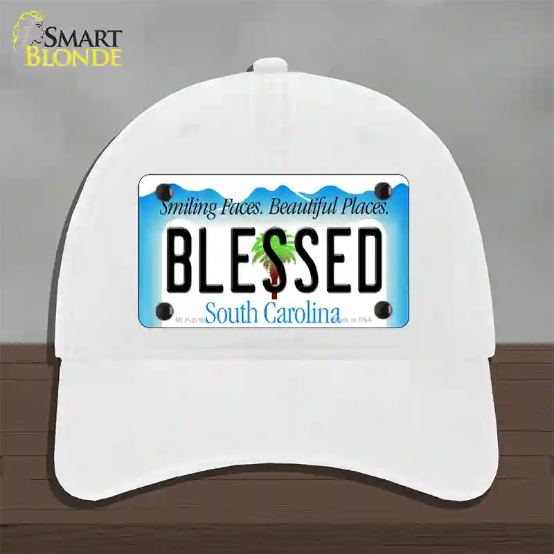 Blessed South Carolina Blue Novelty License Plate Hat Unconstructed Cotton / White