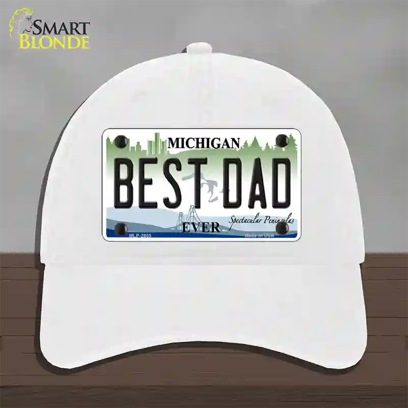 Best Dad Michigan State Novelty License Plate Hat Unconstructed Cotton / White