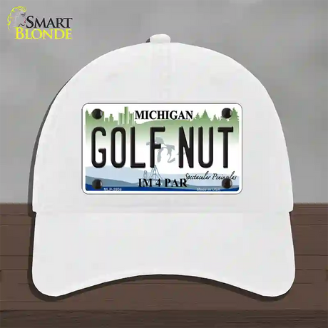 Golf Nut Michigan State Novelty License Plate Hat Unconstructed Cotton / White