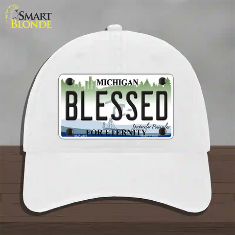 Blessed Michigan State Novelty License Plate Hat Unconstructed Cotton / White