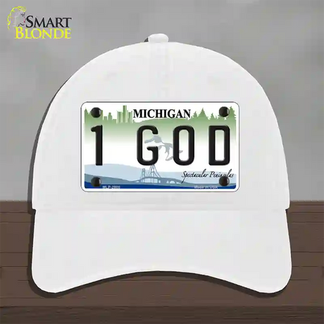 1 GOD Michigan State Novelty License Plate Hat Unconstructed Cotton / White