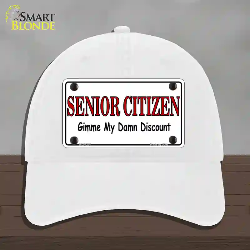 Senior Citizen Discount Novelty License Plate Hat Unconstructed Cotton / White