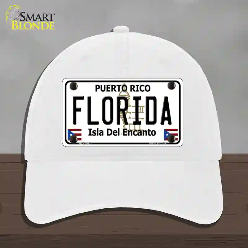 Florida Puerto Rico Novelty License Plate Hat Unconstructed Cotton / White