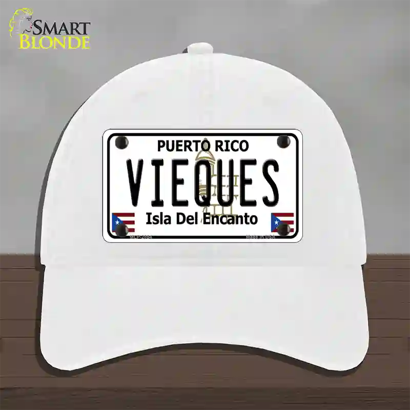 Vieques Puerto Rico Novelty License Plate Hat Unconstructed Cotton / White