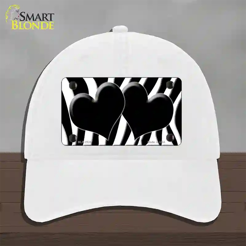 Black White Zebra Black Centered Hearts Novelty License Plate Hat Unconstructed Cotton / White