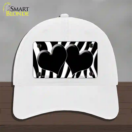 Black White Zebra Black Centered Hearts Novelty License Plate Hat Unconstructed Cotton / White