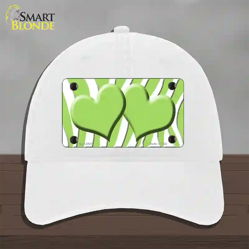 Lime Green White Zebra Lime Green Centered Hearts Novelty License Plate Hat Unconstructed Cotton / White