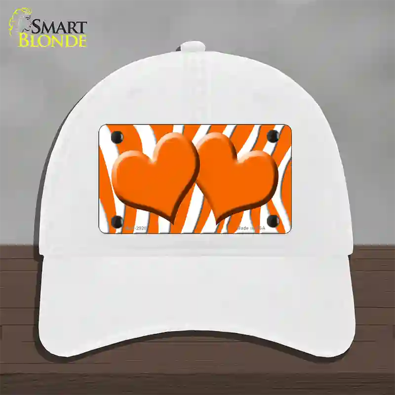 Orange White Zebra Orange Centered Hearts Novelty License Plate Hat Unconstructed Cotton / White