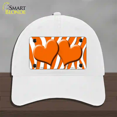 Orange White Zebra Orange Centered Hearts Novelty License Plate Hat Unconstructed Cotton / White