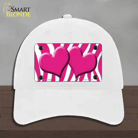 Pink White Zebra Pink Centered Hearts Novelty License Plate Hat Unconstructed Cotton / White