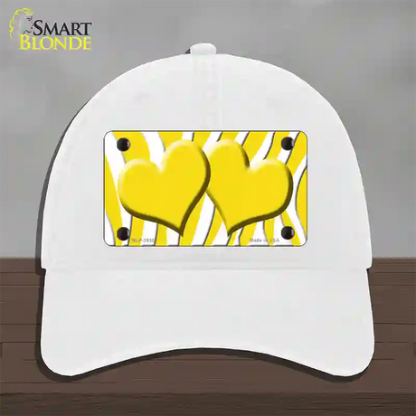 Yellow White Zebra Yellow Centered Hearts Novelty License Plate Hat Unconstructed Cotton / White