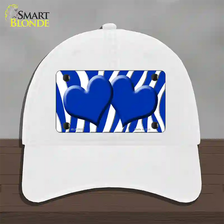 Blue White Zebra Blue Centered Hearts Novelty License Plate Hat Unconstructed Cotton / White