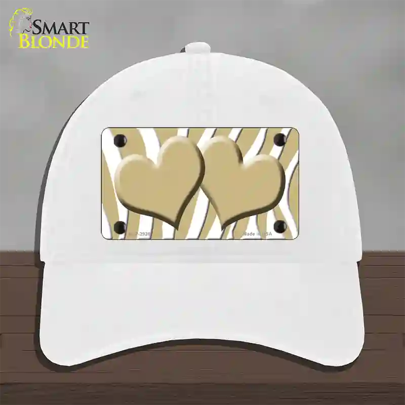 Gold White Zebra Gold Centered Hearts Novelty License Plate Hat Unconstructed Cotton / White