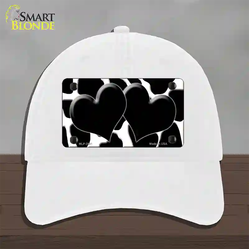 Black White Giraffe Black Centered Hearts Novelty License Plate Hat Unconstructed Cotton / White