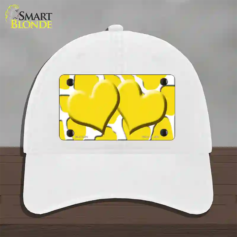 Yellow White Giraffe Yellow Centered Hearts Novelty License Plate Hat Unconstructed Cotton / White