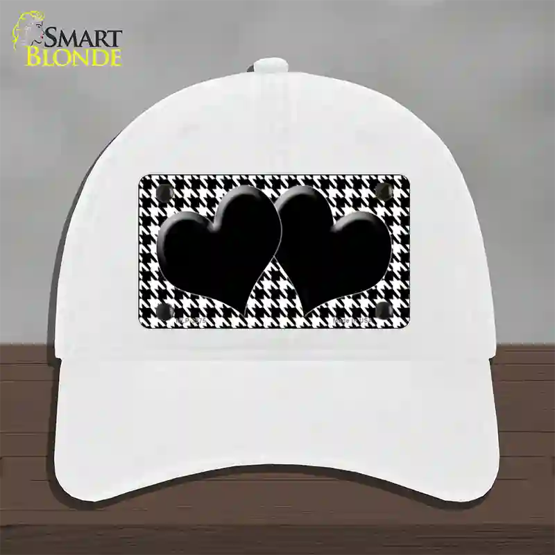 White Black Houndstooth Black Center Hearts Novelty License Plate Hat Unconstructed Cotton / White