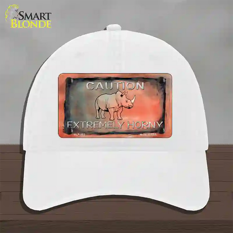 Caution Extremely Horny Novelty License Plate Hat Unconstructed Cotton / White