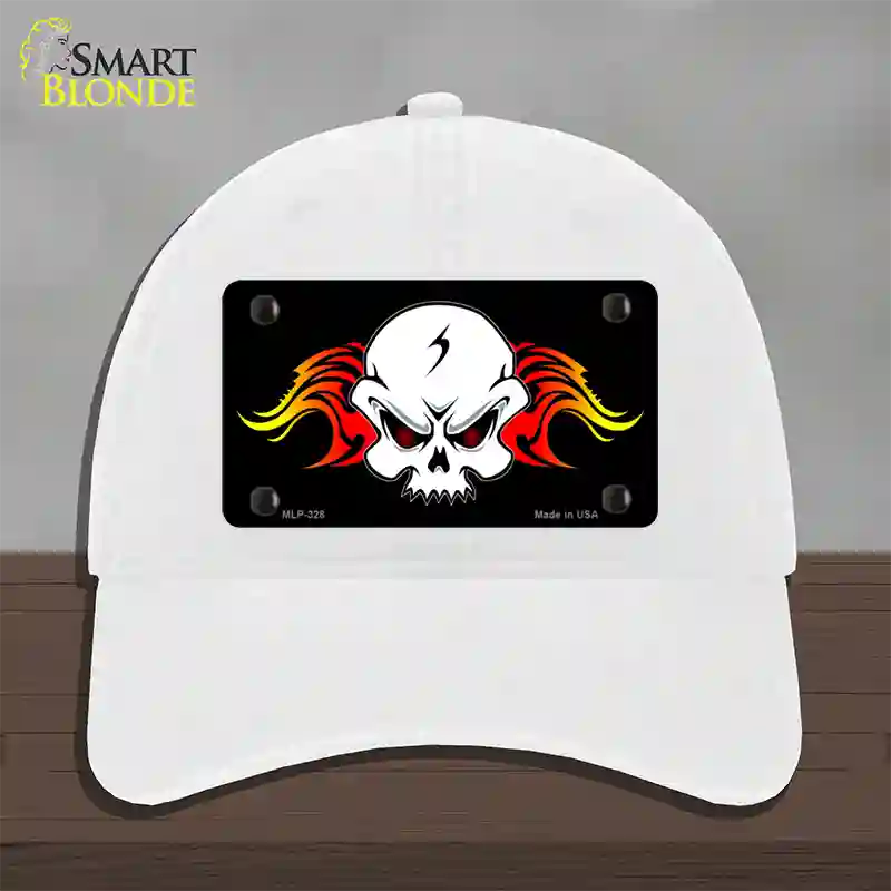 Skull Flame Novelty License Plate Hat Unconstructed Cotton / White