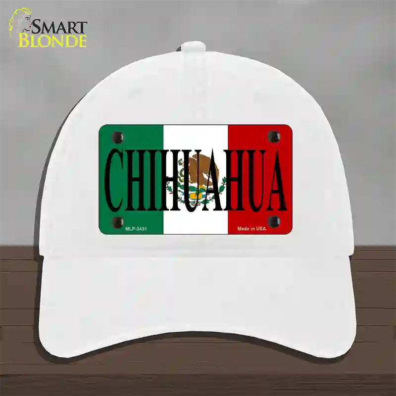 Chihuahua Mexico Flag Novelty License Plate Hat Unconstructed Cotton / White