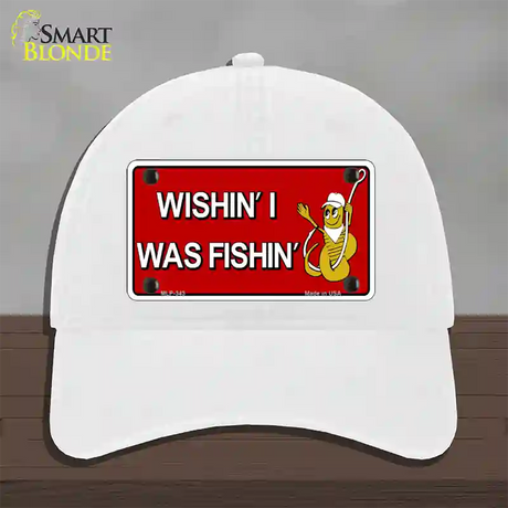 Wishin I Was Fishin Red Novelty License Plate Hat Unconstructed Cotton / White