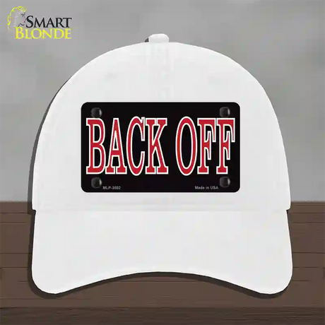 Back Off Black Novelty License Plate Hat Unconstructed Cotton / White