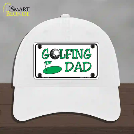 Golfing Dad Novelty License Plate Hat Unconstructed Cotton / White