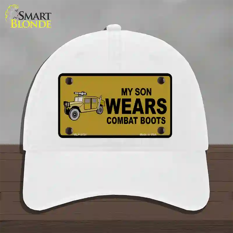 Son Wears Combat Boots Novelty License Plate Hat Unconstructed Cotton / White