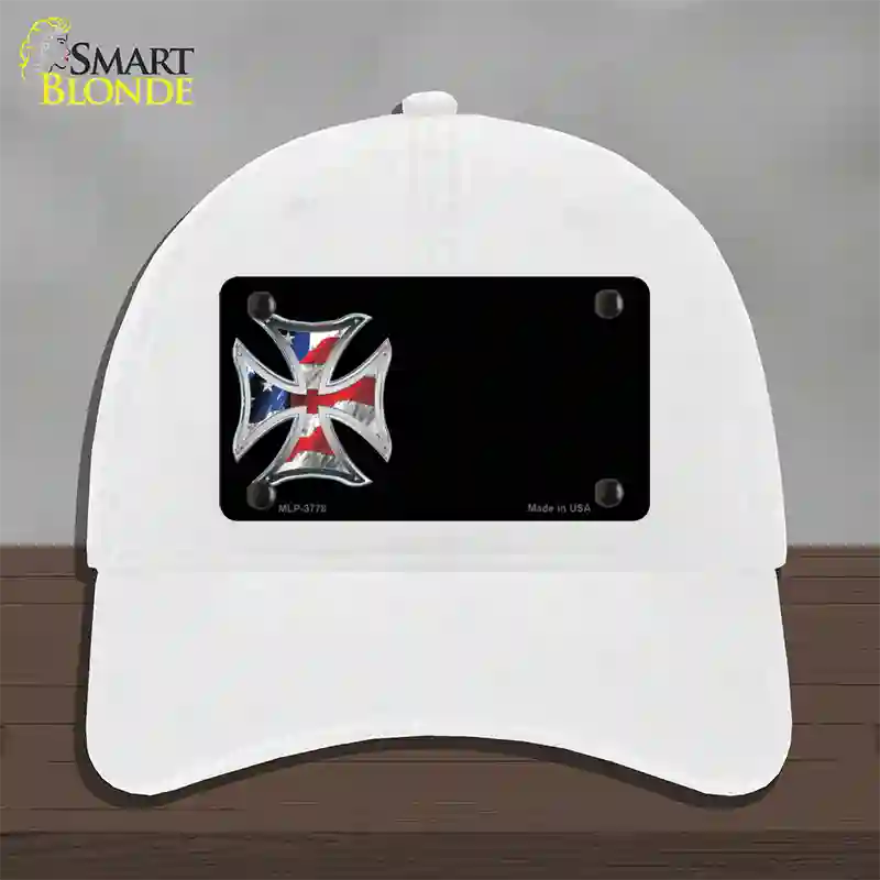 American Flag Maltese Cross Offset Novelty License Plate Hat Unconstructed Cotton / White