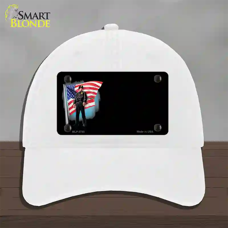 Police Officer American Flag Offset Novelty License Plate Hat Unconstructed Cotton / White